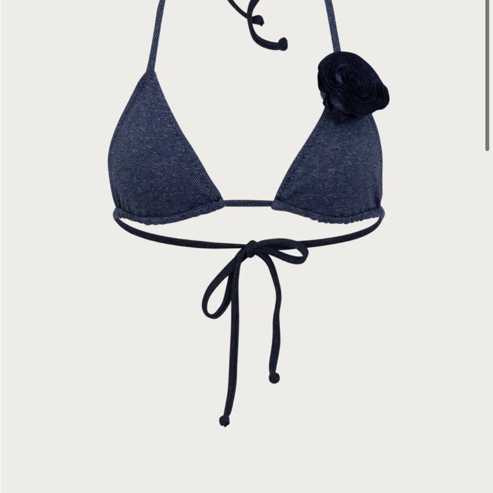 Elegant Dark Blue Bikini Top with Floral Detail